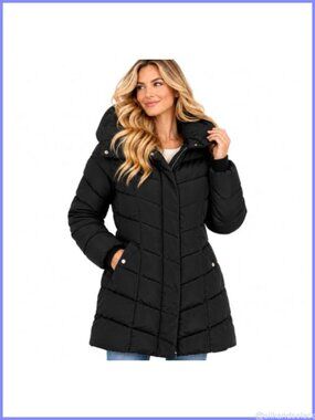 Long Quilted Puffer Parka Jacket Hooded Chevron Winter Coat